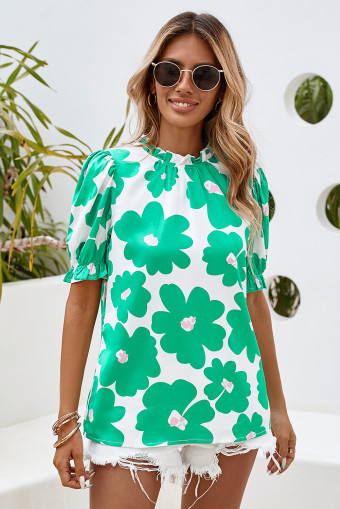 Green Floral Puff Sleeve Frill Neckline Blouse