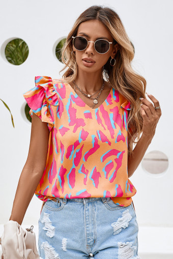 Orange Abstract Print V Neck Ruffled Sleeve Blouse