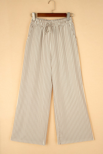 Khaki Stripe Print Wide Leg Drawstring Elastic Waistband Pants