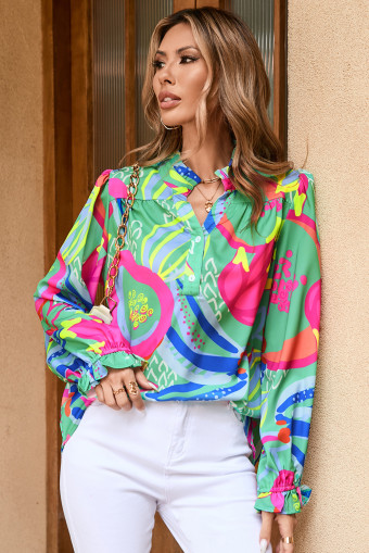 Green Abstract Print Ruffled Sleeve Buttoned V Neck Blouse