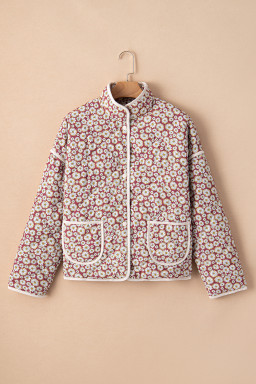 Pink Floral Print Contrast Edge Pocketed Stand Neck Jacket