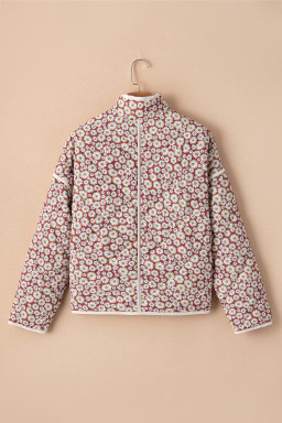 Pink Floral Print Contrast Edge Pocketed Stand Neck Jacket