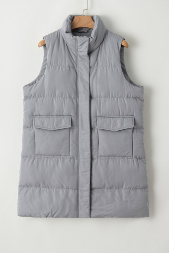 Dark Grey Windproof Longline Full Zipper Puffer Vest with Pockets