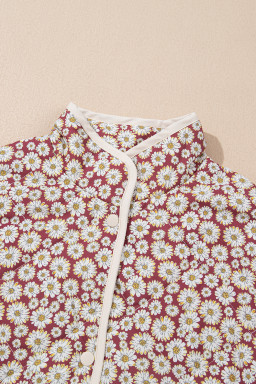 Pink Floral Print Contrast Edge Pocketed Stand Neck Jacket