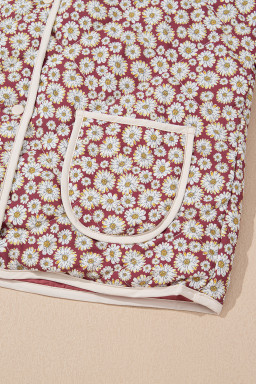 Pink Floral Print Contrast Edge Pocketed Stand Neck Jacket