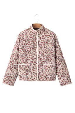 Pink Floral Print Contrast Edge Pocketed Stand Neck Jacket