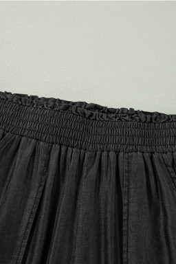 Black Side Pockets Frilled Smocked High Waist Wide Leg Jeans