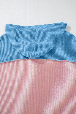 Pink Color Block Patchwork Corded Knit Loose Fit Hooded Blouse