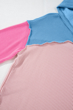 Pink Color Block Patchwork Corded Knit Loose Fit Hooded Blouse