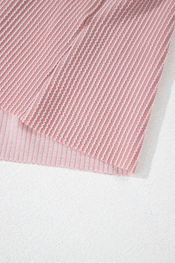 Pink Color Block Patchwork Corded Knit Loose Fit Hooded Blouse