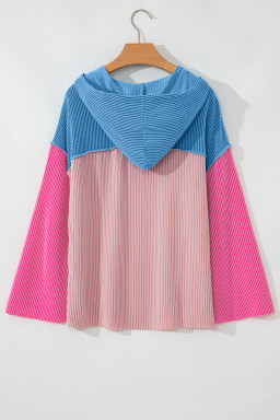 Pink Color Block Patchwork Corded Knit Loose Fit Hooded Blouse