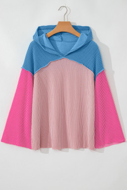 Pink Color Block Patchwork Corded Knit Loose Fit Hooded Blouse