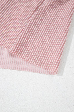 Pink Color Block Patchwork Corded Knit Loose Fit Hooded Blouse