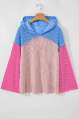 Pink Color Block Patchwork Corded Knit Loose Fit Hooded Blouse