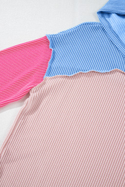 Pink Color Block Patchwork Corded Knit Loose Fit Hooded Blouse