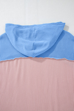 Pink Color Block Patchwork Corded Knit Loose Fit Hooded Blouse