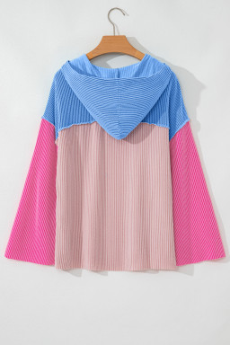 Pink Color Block Patchwork Corded Knit Loose Fit Hooded Blouse
