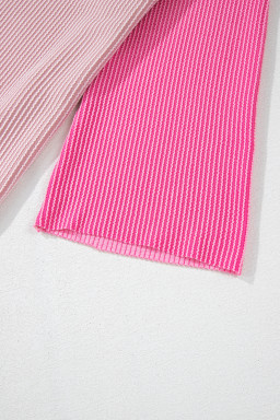 Pink Color Block Patchwork Corded Knit Loose Fit Hooded Blouse