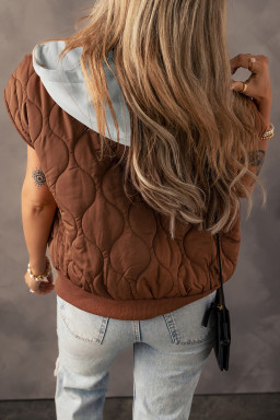 Chestnut Quilted Drawstring Hooded Zip Up Puffer Vest