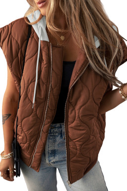 Chestnut Quilted Drawstring Hooded Zip Up Puffer Vest