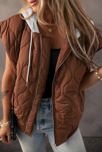 Chestnut Quilted Drawstring Hooded Zip Up Puffer Vest