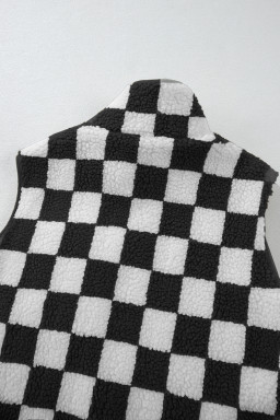 Black Checkered Sherpa Collared Jacket Vest