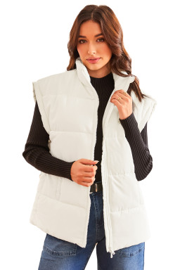 Beige  Zipper Stand Neck Oversized Puffer Vest