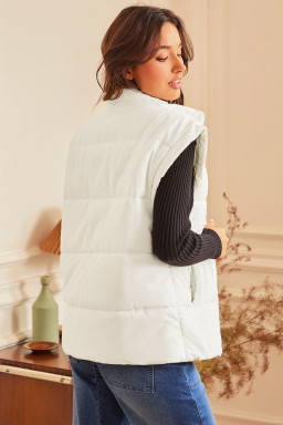 Beige  Zipper Stand Neck Oversized Puffer Vest