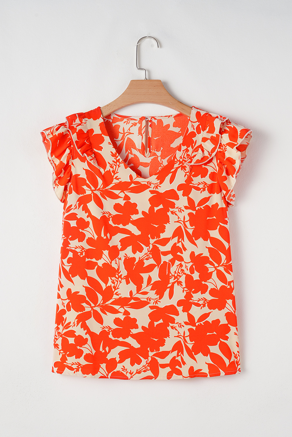 ORANGE FLORAL PRINT DOUBLE RUFFLED V-NECK PLUS SIZE TOP HMET7105-13X