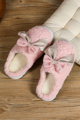 Pink Contrast Bowknot Applique Plush Winter Slippers (Colors May Differ by Batch)