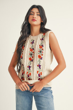 Jet Stream Embroidered Floral Cable Knit Sweater Vest