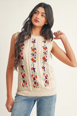 Jet Stream Embroidered Floral Cable Knit Sweater Vest