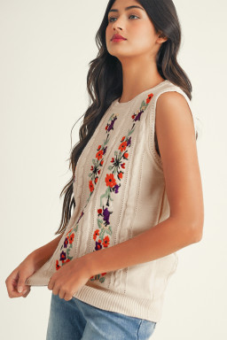 Jet Stream Embroidered Floral Cable Knit Sweater Vest