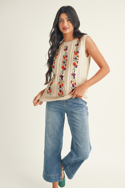Jet Stream Embroidered Floral Cable Knit Sweater Vest
