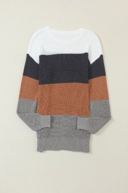 Chestnut Color Block Knitted O-neck Pullover Sweater