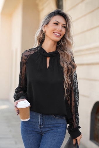 Black Keyhole Neckline Floral Lace Raglan Sleeve Blouse