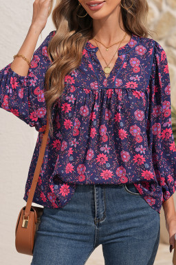 Purple Floral Half Sleeve Split Neck Blouse Top
