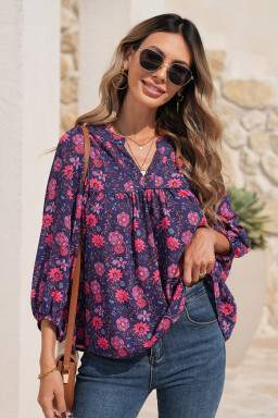Purple Floral Half Sleeve Split Neck Blouse Top