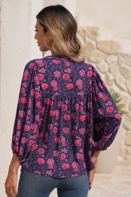 Purple Floral Half Sleeve Split Neck Blouse Top