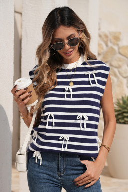 Blue Stripe Knitted Bow Decor Sweater Vest