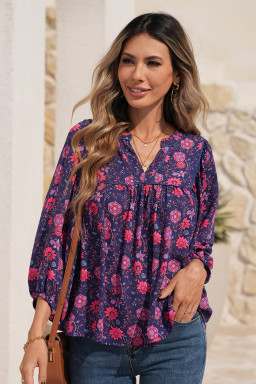 Purple Floral Half Sleeve Split Neck Blouse Top