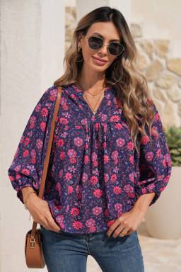 Purple Floral Half Sleeve Split Neck Blouse Top