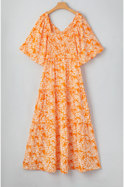 Orange Floral Print Smocked V Neck Wide Sleeve Maxi Dress
