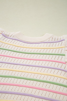 Oatmeal Colorful Striped Eyelet Knit Ruffled Sleeve Sweater T Shirt