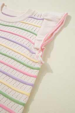 Oatmeal Colorful Striped Eyelet Knit Ruffled Sleeve Sweater T Shirt