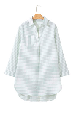 White Stripe Collared V Neck Chest Pocket Long Sleeve Beach Cover up