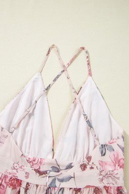 Pink Floral Pleated Bust Deep V Empire Waist Backless Maxi Dress