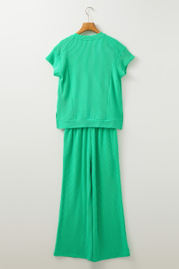 Bright Green Solid Corded Knit Short Sleeve T Shirt and Wide Leg Pants Set