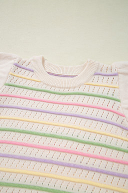 Oatmeal Colorful Striped Eyelet Knit Ruffled Sleeve Sweater T Shirt