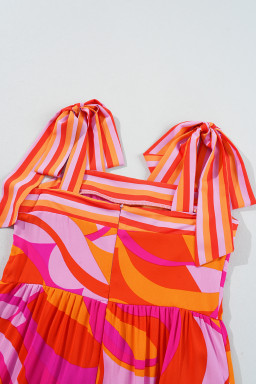 Red Abstract Print Knotted Shoulder High Waist Maxi Dress